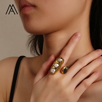 Bague ajustable vintage géométrique en perles et pierres noires, accessoire quotidien doré pour femme