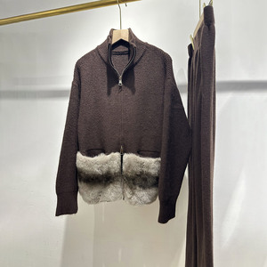 Ensemble <span class=keywords><strong>pantalon</strong></span> et pull en tricot pour femme, cardigan à col haut zippé, <span class=keywords><strong>pantalon</strong></span> ample à jambes larges <span class=keywords><strong>avec</strong></span> bordure en <span class=keywords><strong>fourrure</strong></span> de lapin Rex, hiver - Product Image 2