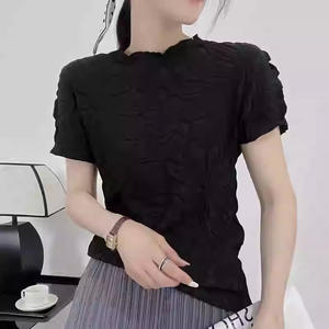 Women's Textured Floral Embossed 3D Flower <b>Top</b> Short Sleeve <b>Mock</b> <b>Neck</b> Casual Blouse T-Shirt Fashion - Product Image 2