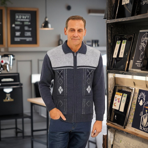 Cardigan tricoté d'hiver géométrique pour homme avec col en tricot épais et poches avant en polyester/coton - Product Image 4