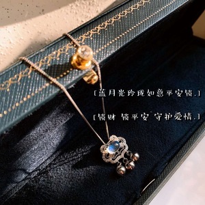 Moonstone Longevity Lock Necklace With Bell And Auspicious Design Elegant Clavicle Chain Fashionable Pendant Everyday Wear - Product Image 3