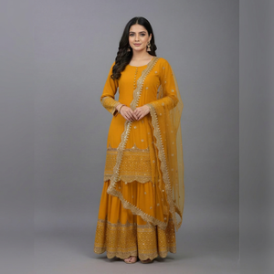 Ensemble Salwar Kameez jaune moutarde long jusqu'au sol avec dupatta brodée or, ensemble de mariage indien pakistanais - Product Image 1