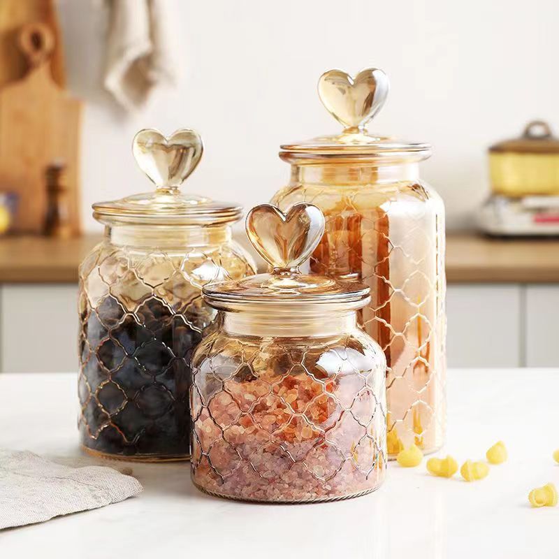 Amber Different Shape Embossed Glass Jar For Storage Food Customized Logo Hot Selling Wholesales Jar