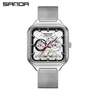 Reloj de Cuarzo Cuadrado para Hombre Sanda 9085, Caja de Aleación de Zinc de 42 mm, Correa de Malla de Acero Inoxidable, Resistente al Agua 5 ATM, Esfera Analógica - Product Image 1