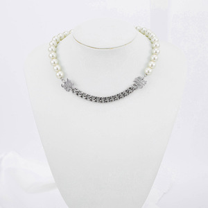 yunnique Punk Chic Pearl <b>Titanium</b> Steel <b>Chain</b> Spliced Necklace Unisex Party Jewelry Geometric Letter Design - Product Image 4