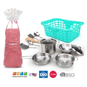 Juego de cocina de acero inoxidable para niños, olla y sartén con delantal y cesta, 14 Uds. - Product Image 6