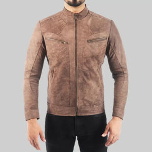 Chaqueta de Motociclista de Cuero Genuino Desgastado Marrón para Hombre Icon Gilani, Estilo Vintage Caf Racer, Cuello Alto, Bolsillos con Cremallera, Corte Ajustado - Product Image 1