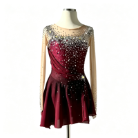 Robe de patinage artistique bordeaux à col rond, manches longues, dos ouvert à grand cercle, ornée de strass, pour compétition, pour filles et femmes