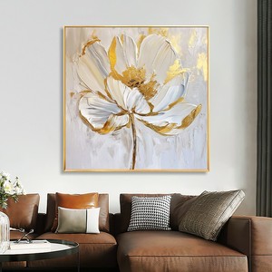 Hand Painted Oil Painting Abstract Floral Art Gold White <b>Flower</b> Modern <b>Wall</b> Art For Living Room Dining Room Entrance Decor - Product Image 4