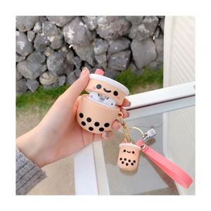 Estuche de silicona con diseño de dibujos animados para AirPods 1, 2 y 3, con llaveros y dijes de té de burbujas - Product Image 1
