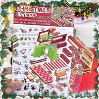 Autocollants superposés PET Thème Maison de Noël, Pingouin, Animal, Boutique de cadeaux, Magasin de burgers, Scène d'hiver, Autocollants de collage pour journal et décoration DIY
