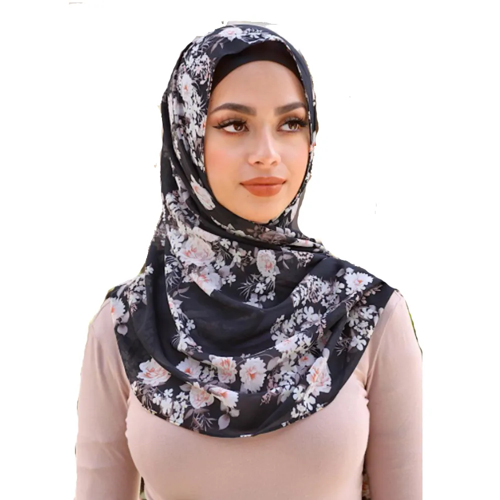Trendy women Hijab women Shawl black coral floral chiffon printed muslim hijab summer beauty breath shawl