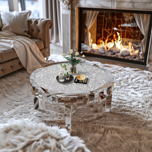 Luxuriöser Runder Silberner Spiegel-Couchtisch mit Kristalldiamanten-Einlage Akzent-Beistelltisch für Wohnzimmer, Schlafzimmer - Product Image 4