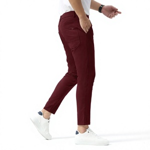 Men's Skinny Fit Maroon Chino Pants Mid Waist Button Fly Smart Casual Style Anti-Wrinkle Woven Fabric Chino Pants For Men's - Product Image 3