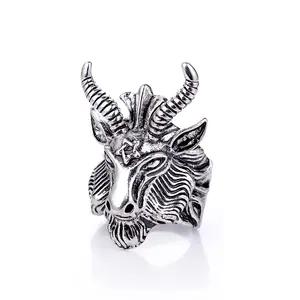 Fashion Big Sheep Goat Horn Head Ring Satan Worship Baphomet Aries Zodiac Wicca Star Rings For Men Jewelry