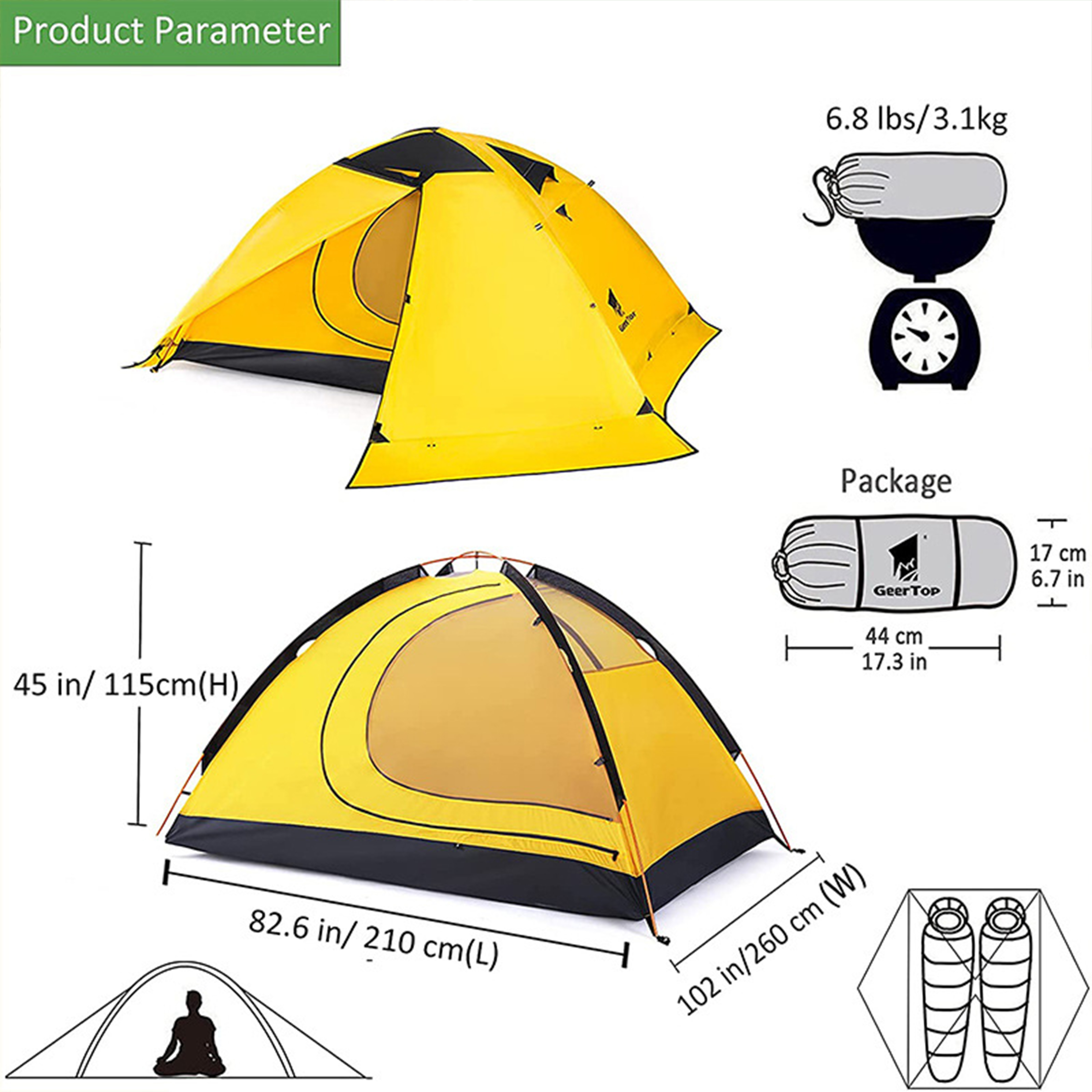 200 X 150mm 2 People Outdoor Camping Tent Double Layer 4 Season Mountaineering Tents