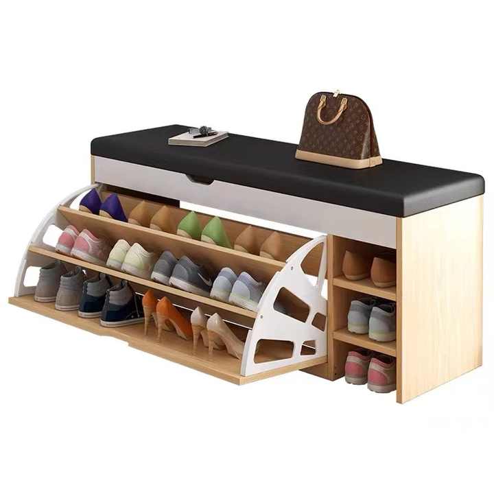 Modern Wooden Shoe Rack Cabinet with Cushion - Entryway Storage Bench ...