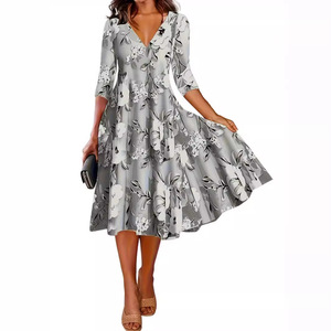 Vestido Largo Elegante de Verano para Mujer, Manga Siete Puntos, Cuello en V, Estilo Casual, Elegante, para Vacaciones, con Estampado Floral en <span class=keywords><strong>Blanco</strong></span> y Negro - Product Image 5