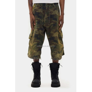 Nouveauté 2026 avec étiquettes Short cargo tactique en coton surdimensionné, coupe ample, longueur genou, effet usé, camouflage vert pour <span class=keywords><strong>homme</strong></span> - Product Image 1