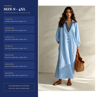Gaun Maxi A-line Kasual Katun Linen V-neck Kustom dengan Lengan Reguler, Potongan Lantern, Kancing Resin, untuk Musim Panas Wanita