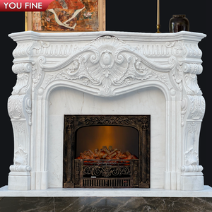 Cheminée en marbre blanc sculptée à la main de style français - Product Image 2