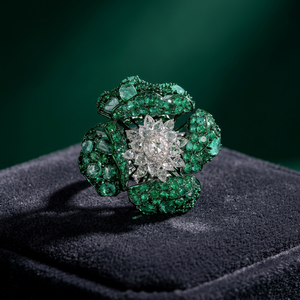 Luxury Floral Emerald and Diamond <b>Statement</b> <b>Ring</b> in White Gold - Product Image 2