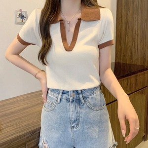 T-shirt d'été en tricot à manches courtes pour <span class=keywords><strong>femme</strong></span>, col en V, vente en gros d'usine, pour filles - Product Image 5