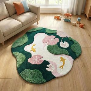 Hand Tufted Moss Yellow Koi Wool Rug with Pink Floral <b>Pond</b> Artwork and Irregular Design for Living Room Bedroom Nursery Kids - Product Image 1