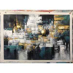 Dipinti ad olio grigio blu dorato su tela dipinti a mano di arte astratta decorazione moderna dell'hotel retrò nostalgico - Product Image 4