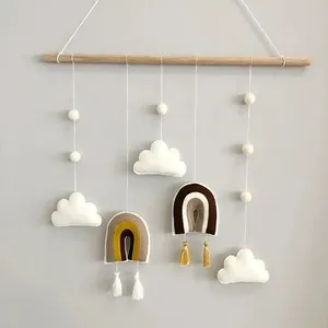Nordic Style Wooden Stick Wall Hanging Children Home Nursery Decor Tassels Macrame Rainbow Cloud Wool Felt Decor