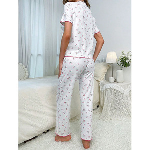 P031 Set Casual da Donna Trendy per il Tempo Libero, Pigiama a Maniche Corte con Bordo in Pizzo, <span class=keywords><strong>Lingerie</strong></span> Ricamata Stampata per Estate e Autunno - Product Image 3