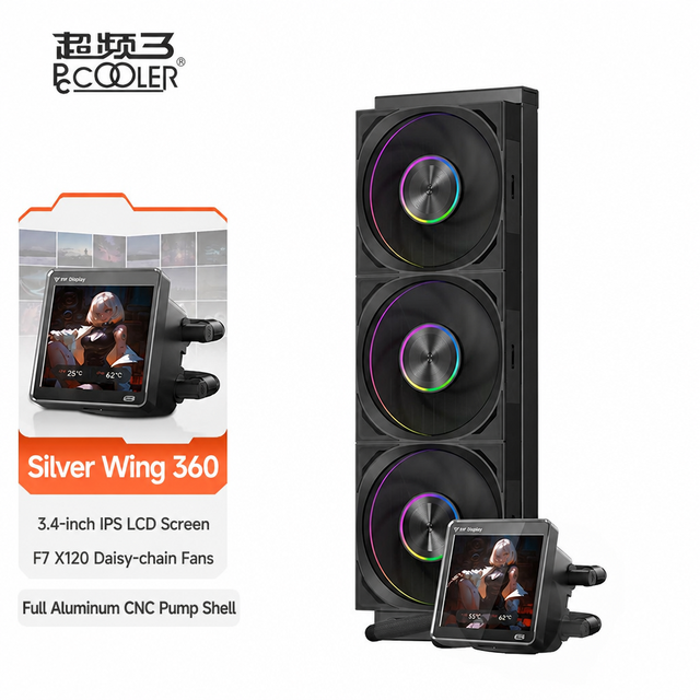 PCCOOLER Silver Wing 360 AIO Liquid CPU Cooler 3.4 Inch IPS LCD Screen 310W TDP ARGB 360mm Radiator for Intel LGA1851 1700 AM5