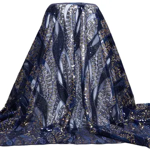 2567 Kostenloser Versand Bestickter französischer Spitzens toff Afrikanische Königsblau Pailletten Tüllnetz Spitzens toffe für Kleider