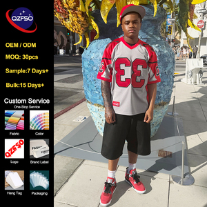 QZFSO OEM Oversized Heavyweight Football Jersey Blockecore V-neck Mesh Ribbed Streetwear Hip Hop Sports Boxy Fit Shirt - Product Image 1