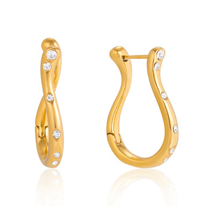 Pendientes Huggie en Forma de U, Chapados en Oro de 18K, Acero Inoxidable, Engaste de Bisel con Diamantes de Imitación, Joyería para Uso Diario - Product Image 5