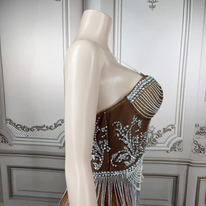 デザイナーメッシュストラップレスラインストーンタッセルボディコンイブニングガウンショートバースデーパーティーウエディングドレス女性上品なナイトクラブドレス - Product Image 4