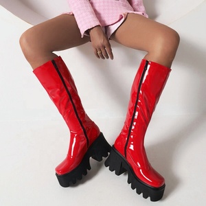Thick Sole High Platform Women's Long Boots Bright Mirror Leather School Girl <b>Shoes</b> Fashion Side Zipper Booties Square Heels - Product Image 1
