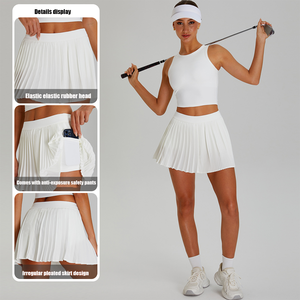 XW-TM0241Y haute qualité Pickleball femmes vêtements solide entraînement haut court avec soutien-gorge intégré plissé jupe de Tennis 2 pièces ensemble - Product Image 2