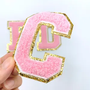 Custom Cheap Pink Iron On Letter Towel Embroidery Patch Gold Sequin Border Chenille Letters Patch No Minimum For Clothing