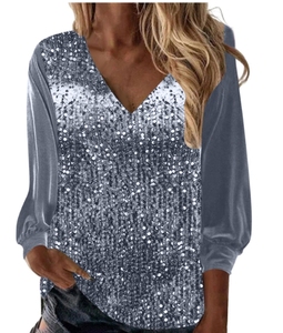 2025 nuova <span class=keywords><strong>camicia</strong></span> a maniche lunghe con scollo a V <span class=keywords><strong>in</strong></span> <span class=keywords><strong>velluto</strong></span> dorato con paillettes da <span class=keywords><strong>donna</strong></span> - Product Image 1