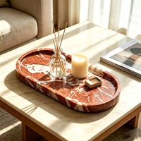 Plateau ovale en marbre rouge français naturel, plateau de service en calcite polie, plateau décoratif imperméable pour salle de bain, salon