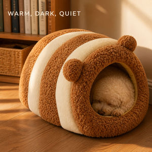 Cuccia a Forma di Orecchie d'<span class=keywords><strong>Orso</strong></span> Marrone Beige Semi-Chiusa in Peluche e Cotone PP, Calda e Accogliente per Gattini e Gatti di Piccola e Media Taglia - Product Image 3