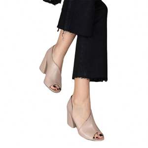 Et American Ladies New Solid Color Fish Mouth Open Toe Leather Breathable Thick Heel Sandales à talons pour femmes - Product Image 2