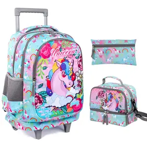 Set ransel batang tarik Unicorn, dengan tas makan siang dan tempat pensil roda besar tas troli sekolah untuk anak perempuan