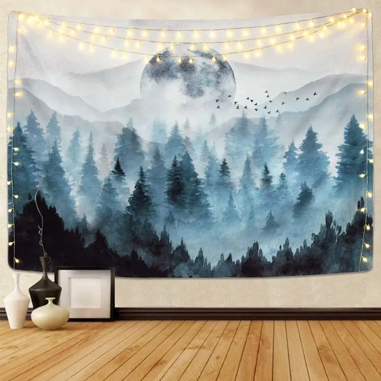Factory Price Wholesale Misty Forest Foggy Nature Woodland Landscape Tapestry
