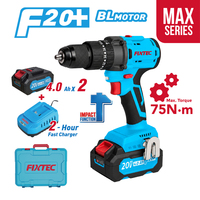 Perceuse à percussion sans fil FIXTEC 20V, 75N.m, mandrin 13mm, avec 2 batteries 4.0Ah, charge rapide, LED, pour bois, métal, maçonnerie