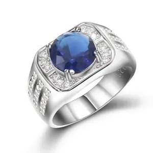 말레이시아 925 스털링 실버 큰 파란색 입방 지르콘 남자 반지 웨딩 약혼 반지 여성 쥬얼리