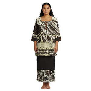 Ensemble deux pièces formel polynésien personnalisé pour femme, style Aloha, imprimé tatouage traditionnel samoan, vente en gros, collection été, Puletasi - Product Image 2