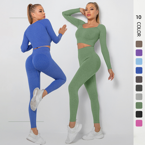 Set <span class=keywords><strong>Fitness</strong></span> da palestra Set 2022 <span class=keywords><strong>donna</strong></span> Crop <span class=keywords><strong>Top</strong></span> manica lunga a coste di alta qualità Leggings lunghi tuta Yoga senza cuciture - Product Image 2