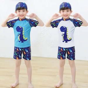 Blue Dinosaur Print <b>Swim</b> Set For Kids Short Sleeve Rash Guard And Shorts With Matching Cap Summer Swimwear Sporty Style - Product Image 2